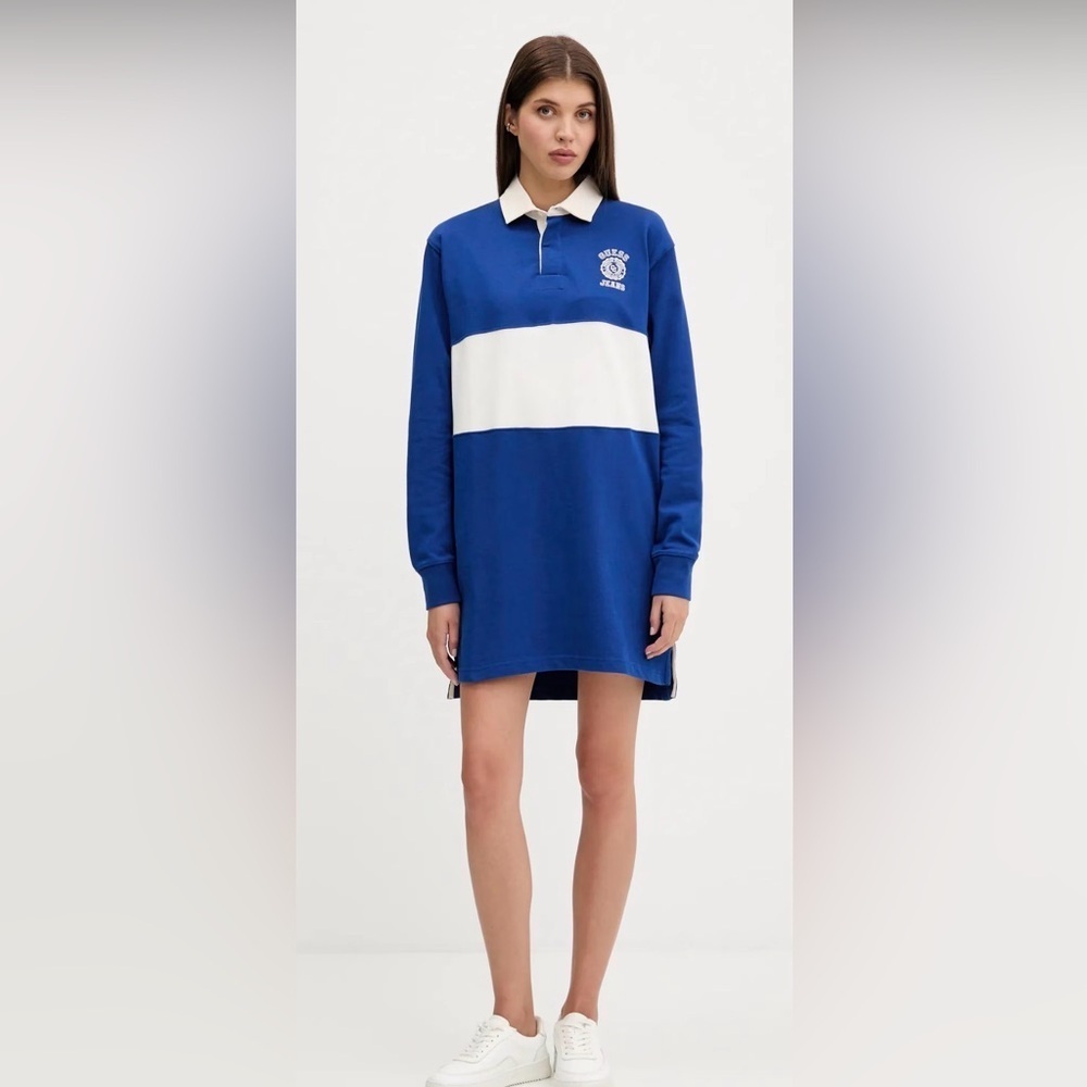 Guess Jeans Polo Sweatshirt Mini Dress Size S Blue White Logo Long Sleeve - Picture 1 of 15